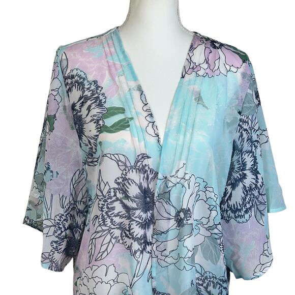 Harlow & Rose Cover Up Women XL Blue Pink Floral Maxi Sheer Coastal Open Kimono - Picture 4 of 12